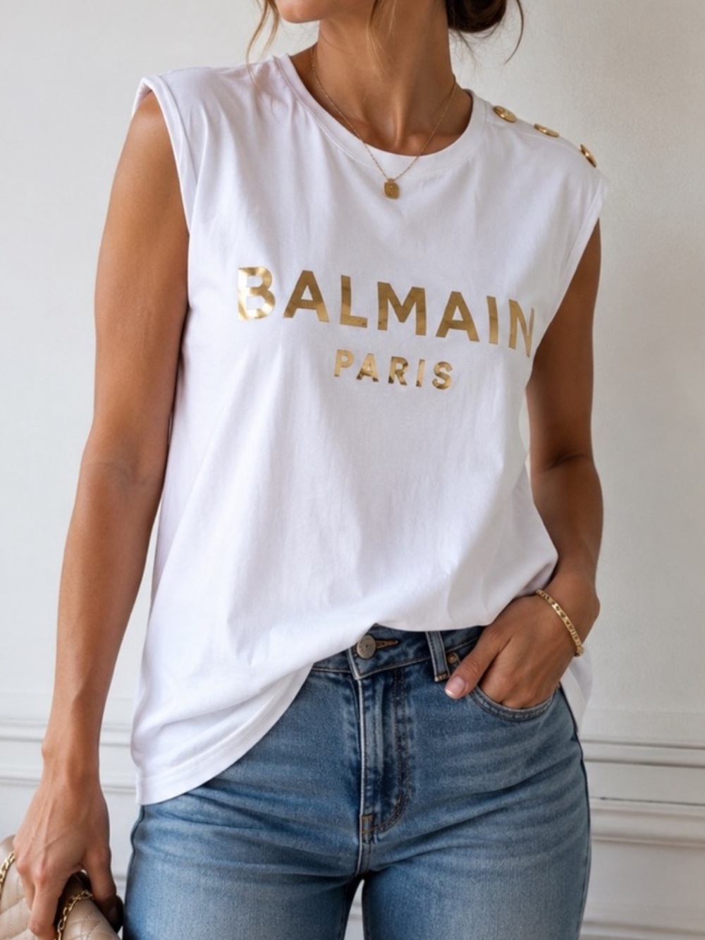 Balmain White Gold Logo T-Shirt / Muscle Tank Top Size Small